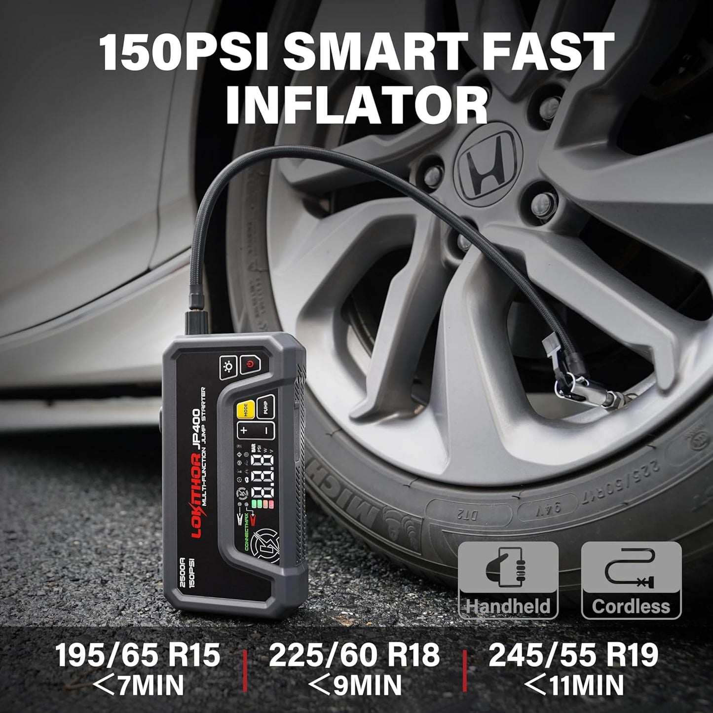 JP400 Jump Starter with Air Compressor, 2500A 12V Portable Car Battery Booster Pack for Up to 8.5L Gas or 6.5L Diesel, 150 PSI Cordless Tire Inflator, Auto Pump with Digital Pressure Gauge