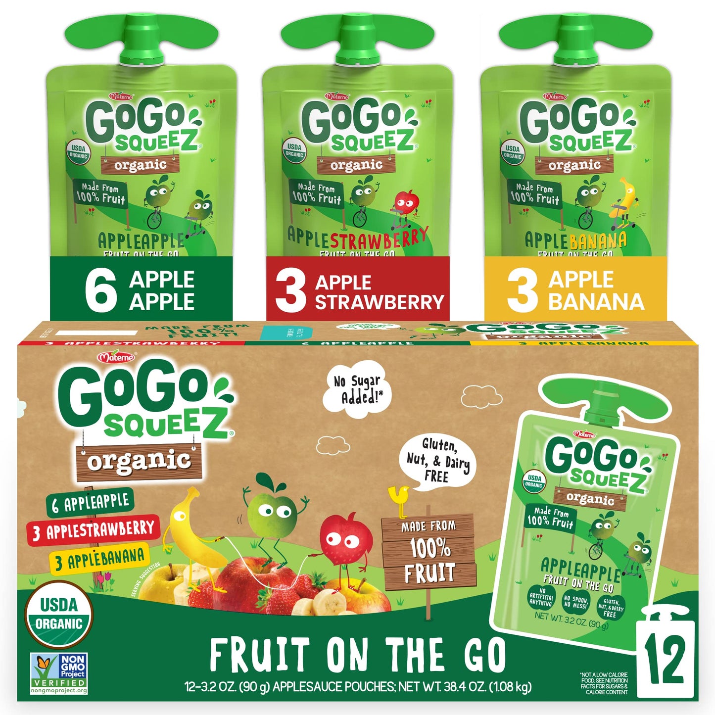 GoGo squeeZ Fruit on the Go Organic Variety Pack, Apple, Strawberry & Banana, 3.2 oz (Pack of 12), Unsweetened Organic Snacks for Kids, No Gluten, Nut & Dairy, Recloseable Cap, BPA Free Pouches