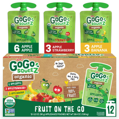 GoGo squeeZ Fruit on the Go Organic Variety Pack, Apple, Strawberry & Banana, 3.2 oz (Pack of 12), Unsweetened Organic Snacks for Kids, No Gluten, Nut & Dairy, Recloseable Cap, BPA Free Pouches