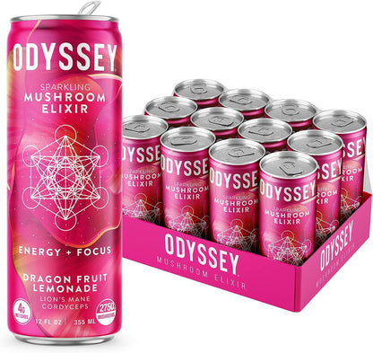 Odyssey Elixir Sparkling Adaptogen Drink, Low Calorie Drinks, L Theanine, Lions Mane, Cordyceps & Green Tea Caffeine for Energy & Focus, Non-GMO, Vegan, Dragon Fruit Lemonade Flavor, 12 Fl oz, 12 Pack