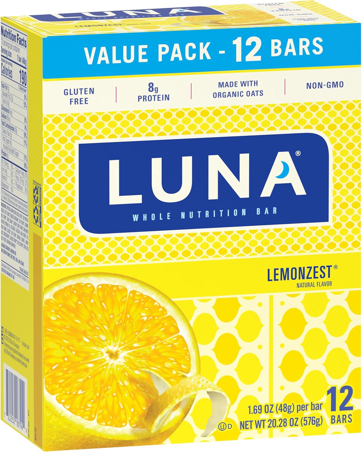 LUNA Bar - LemonZest Flavor - Gluten-Free - Non-GMO - 7-9g Protein - Made with Organic Oats - Low Glycemic - Whole Nutrition Snack Bars - 1.69 oz. (12 Pack)