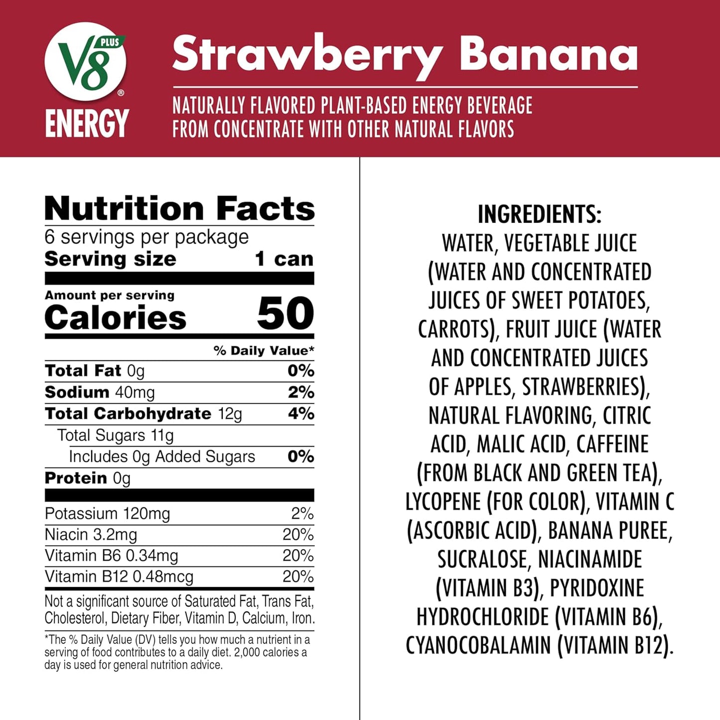 V8 +ENERGY Strawberry Banana Energy Drink, Made with Real Vegetable and Fruit Juices, 8 FL OZ Can (Pack of 6)