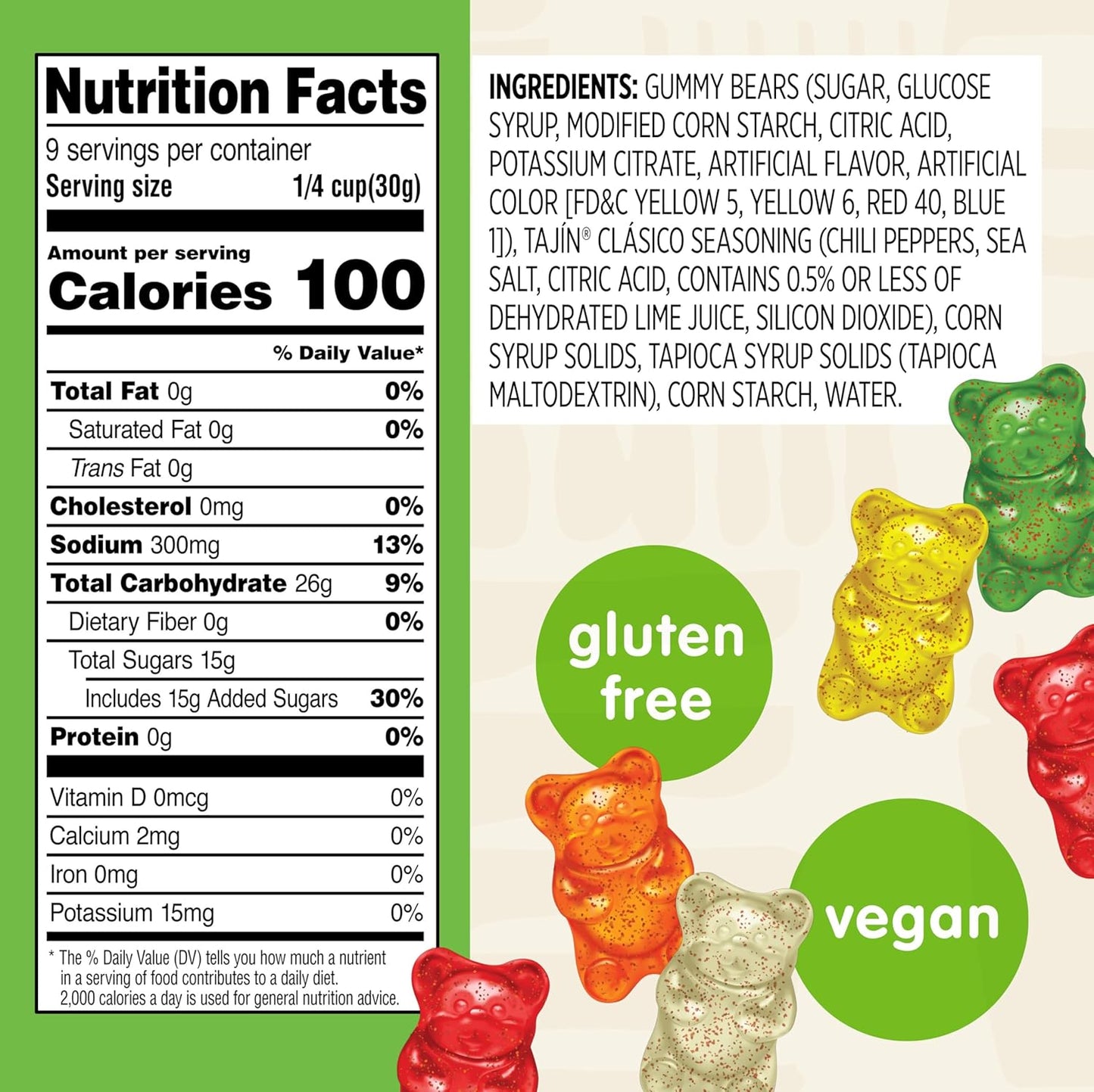 Snak Club Tajin Gummy Bears, Assorted Fruit Candy Gummies with Chili and Lime Seasoning, Mild, Gluten-Free and Vegan Snacks, 9 oz Resealable Bag