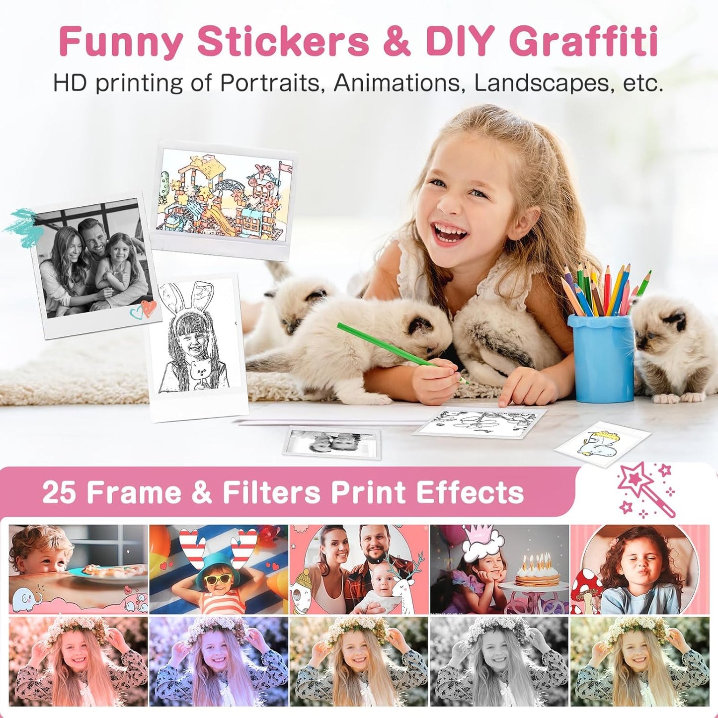 Kids Camera Instant Print, Dual-Lens 48MP Digital Camera for Christmas Birthday Gifts, 1080P Selfie Instant Cameras for Kids with 32GB Card, Instant Print Digital Camera for Girls Boys-Pink
