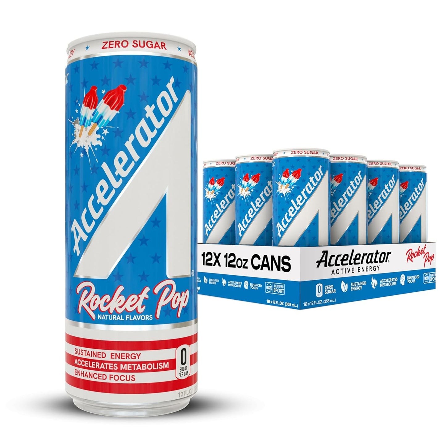Accelerator Active Energy Drink, Rocket Pop, 12 Fl Oz Can (Pack of 12), Sugar Free, NSF Certified Sport, Sustained Energy, Accelerates Metabolism, Enhanced Focus