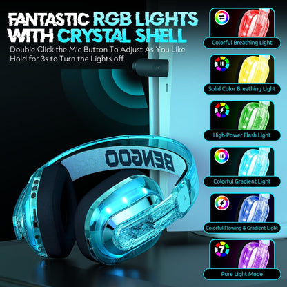 BENGOO Wireless Gaming Headset for PS5, PS4, PC, Switch, Mac, 2.4GHz USB Over Ear Gaming Headphones with Crystal RGB Lights, Bluetooth 5.3, Noise Isolating Microphone, 3.5mm Wired for Controller
