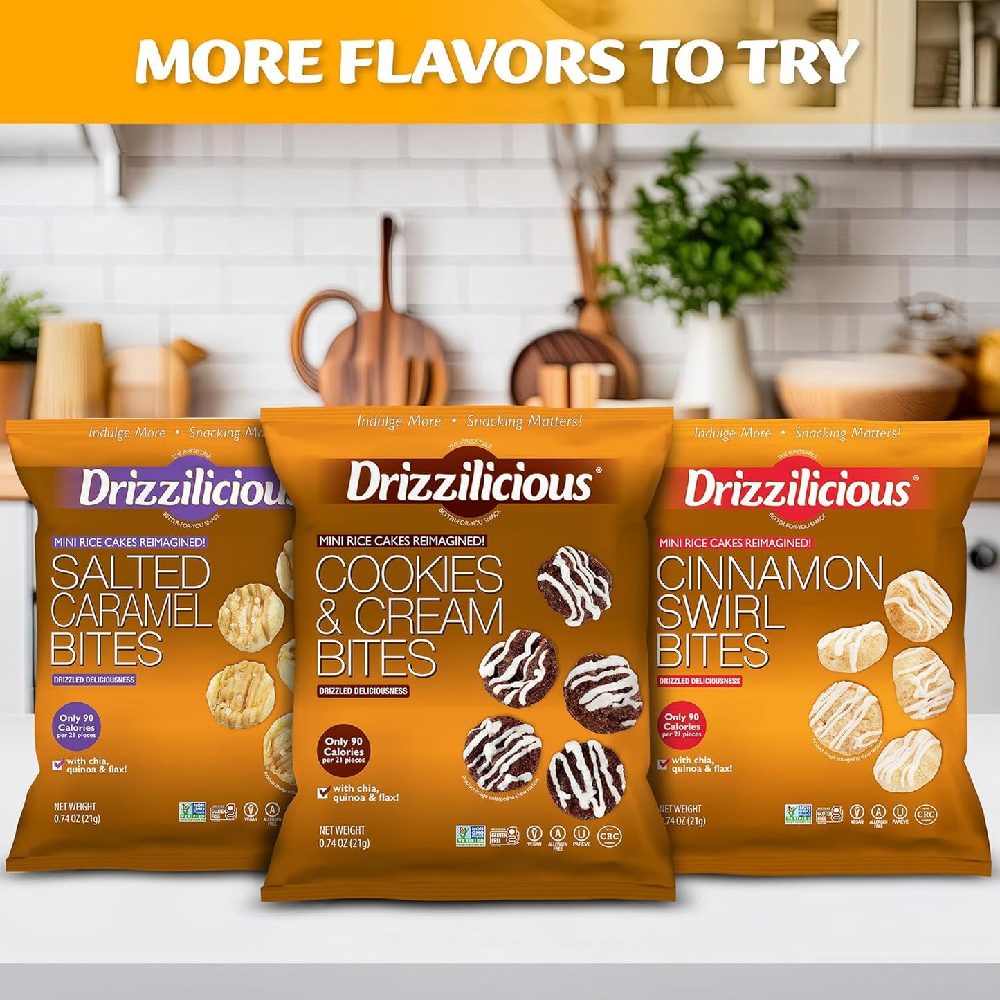 Drizzilicious Mini Rice Cakes Variety Pack - Rice Crisps, Healthy Snack for Adults and Kids, Flavored Rice Cakes, Vegan, Gluten Free, Allergen Free, Only 90 Calories Per Bag - .74 oz (Pack of 32)