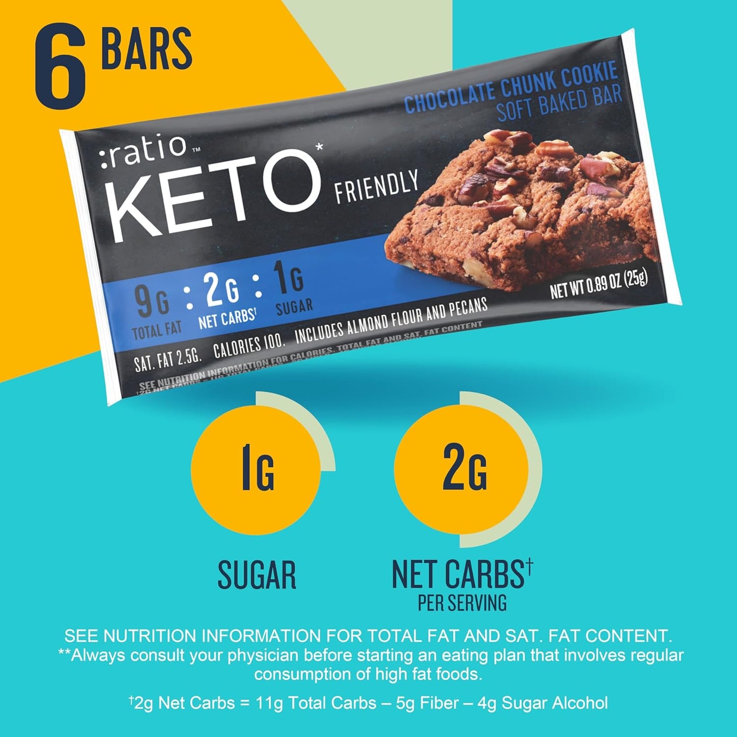 Ratio Soft Baked Bars, Chocolate Chunk Cookie, 1g Sugar, Keto Friendly, 5.34 oz (6 Bars)