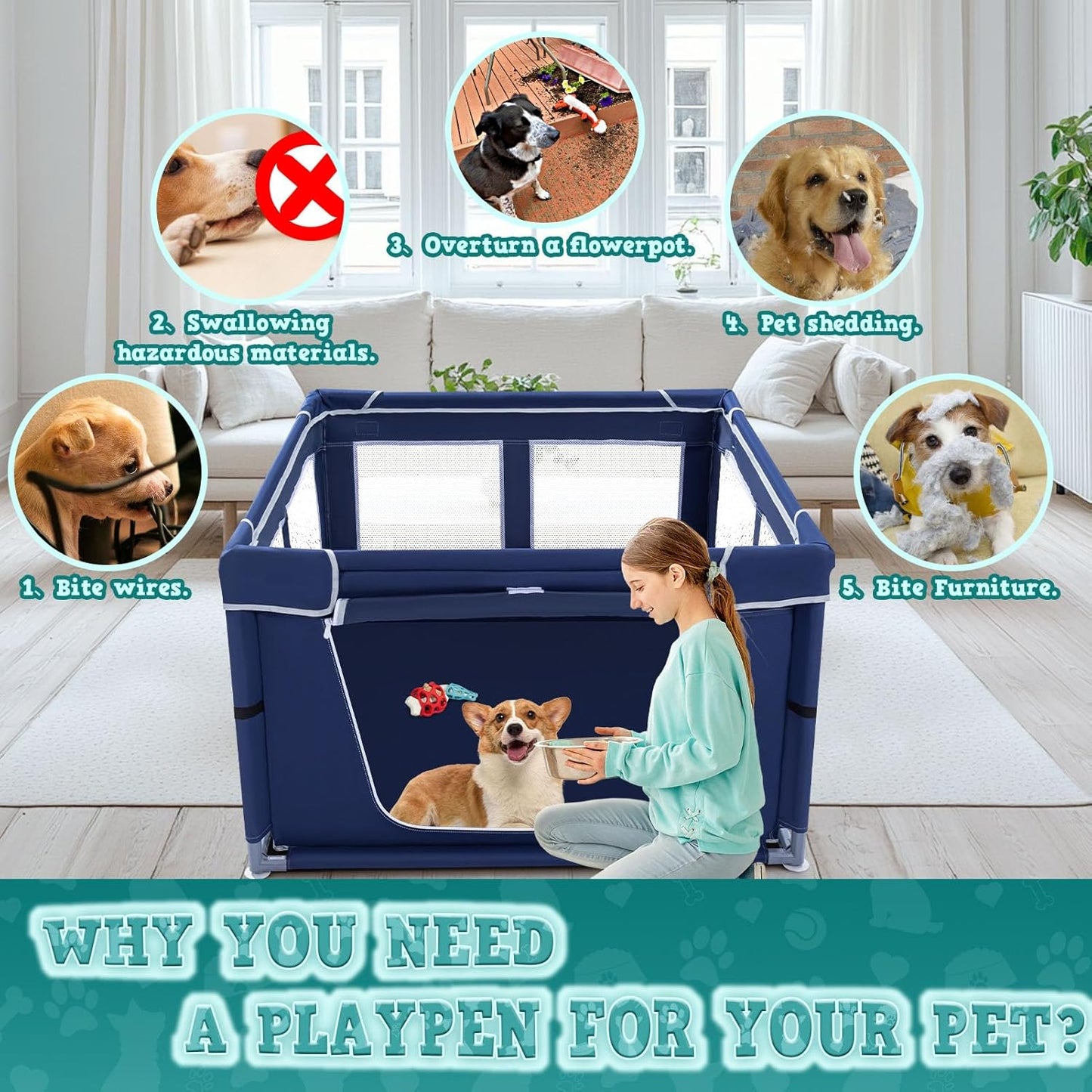 42x42x25.6 Inches Puppy Playpen with Gate, Dog Playpen for Puppies or Small Dogs, Dog Fence Pet Playpen for Indoor & Outdoor, Sturdy Safety Dog Pen with Thickened Fabric, High-Strength Nylon Wire Mesh