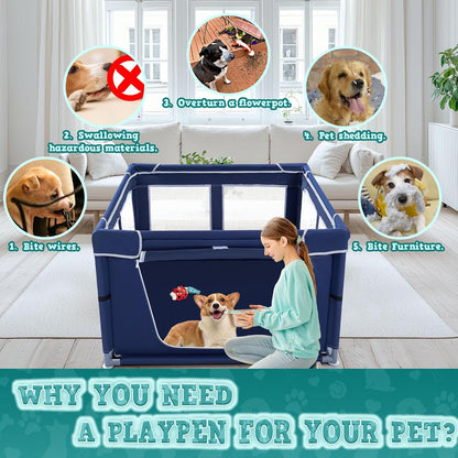 42x42x25.6 Inches Puppy Playpen with Gate, Dog Playpen for Puppies or Small Dogs, Dog Fence Pet Playpen for Indoor & Outdoor, Sturdy Safety Dog Pen with Thickened Fabric, High-Strength Nylon Wire Mesh