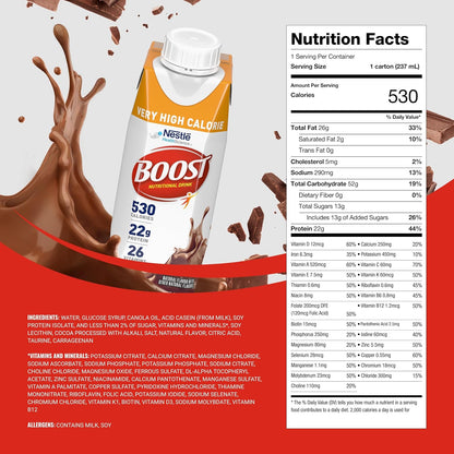 Boost Very High Calorie Chocolate Nutritional Drink – 22g Protein, 530 Nutrient Rich Calories, 8 Fl Oz (Pack of 24)