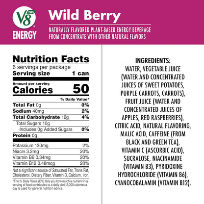 V8 +ENERGY Wild Berry Flavored Energy Drink, 8 fl oz Can (Pack of 6)