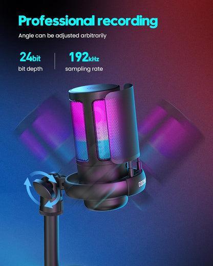 Gaming Microphone, USB PC Mic for Podcasts Videos, Streaming, Condenser Mic with Quick Mute, Tripod Stand, Pop Filter, RGB Indicator, Shock Mount, Rotate gain button, Compatible with PS4/5/PC