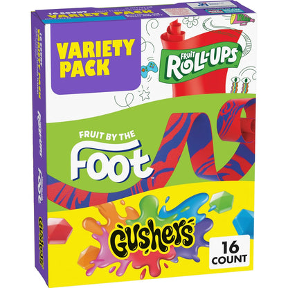 Fruit Roll-Ups, Fruit by the Foot, Gushers, Fruit Flavored Snacks Variety Pack, Gluten Free, 16 Ct, 10.2 oz