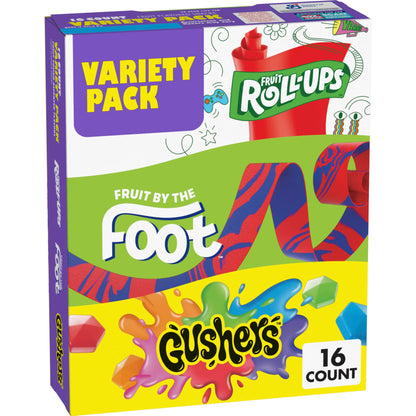 Fruit Roll-Ups, Fruit by the Foot, Gushers, Fruit Flavored Snacks Variety Pack, Gluten Free, 16 Ct, 10.2 oz