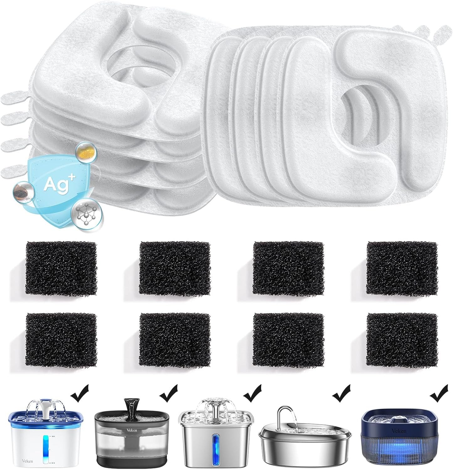 Veken Cat Water Fountain Filters, 8 Pack Replacement Filters & 8 Pack Replacement Pre-Filter Sponges Set for 67oz, 95oz, 135oz Automatic Pet Fountain Dog Water Dispenser