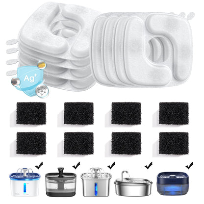 Veken Cat Water Fountain Filters, 8 Pack Replacement Filters & 8 Pack Replacement Pre-Filter Sponges Set for 67oz, 95oz, 135oz Automatic Pet Fountain Dog Water Dispenser
