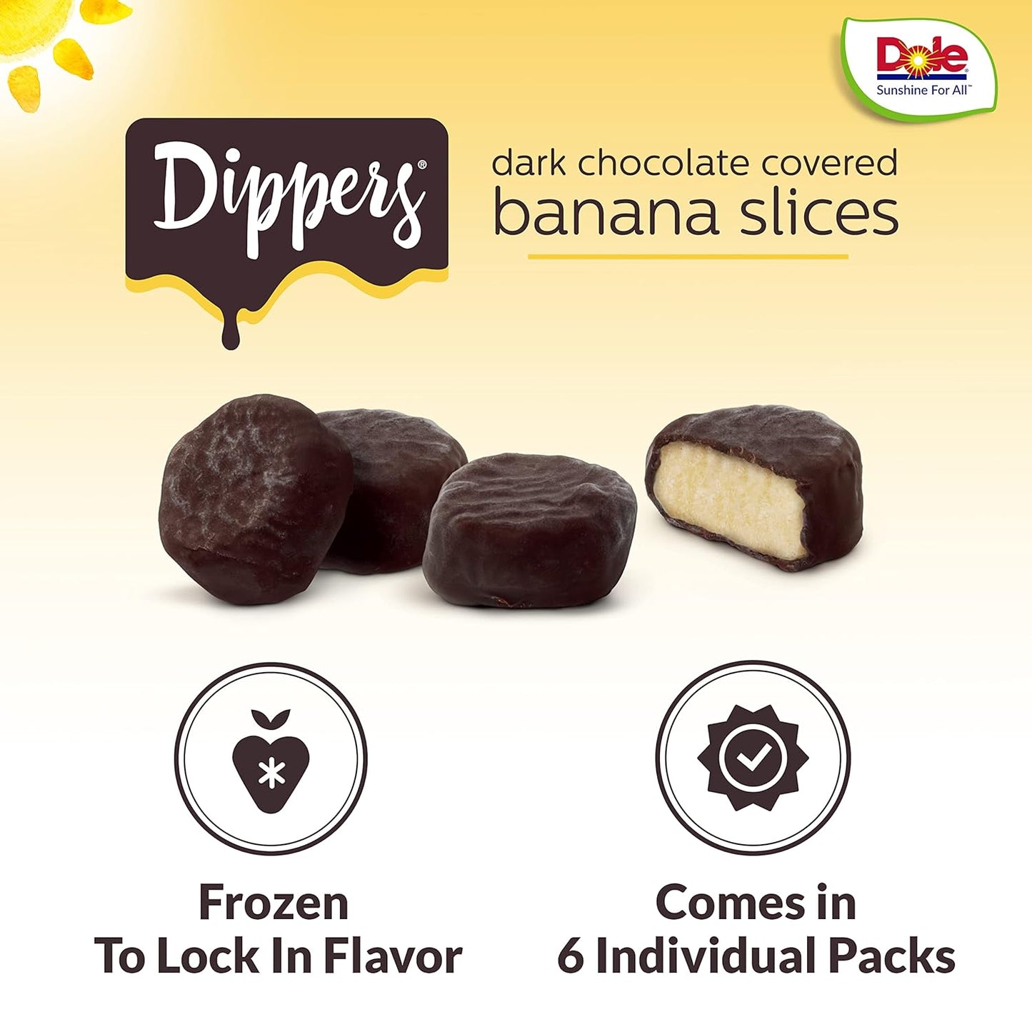 Dole Frozen Dark Chocolate Dippers, Dark Chocolate Covered Banana Slices, 1.55 Oz Pack, 6 Snacks
