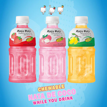Mogu Mogu drink Variety Pack (6 Bottles) Drinks for kids made with fruit juice variety pack and nata de coco (coconut jelly) Fun chewable juice boxes for kids. Juice bottles with Lychee Juice, Mango Juice and Strawberry Juice