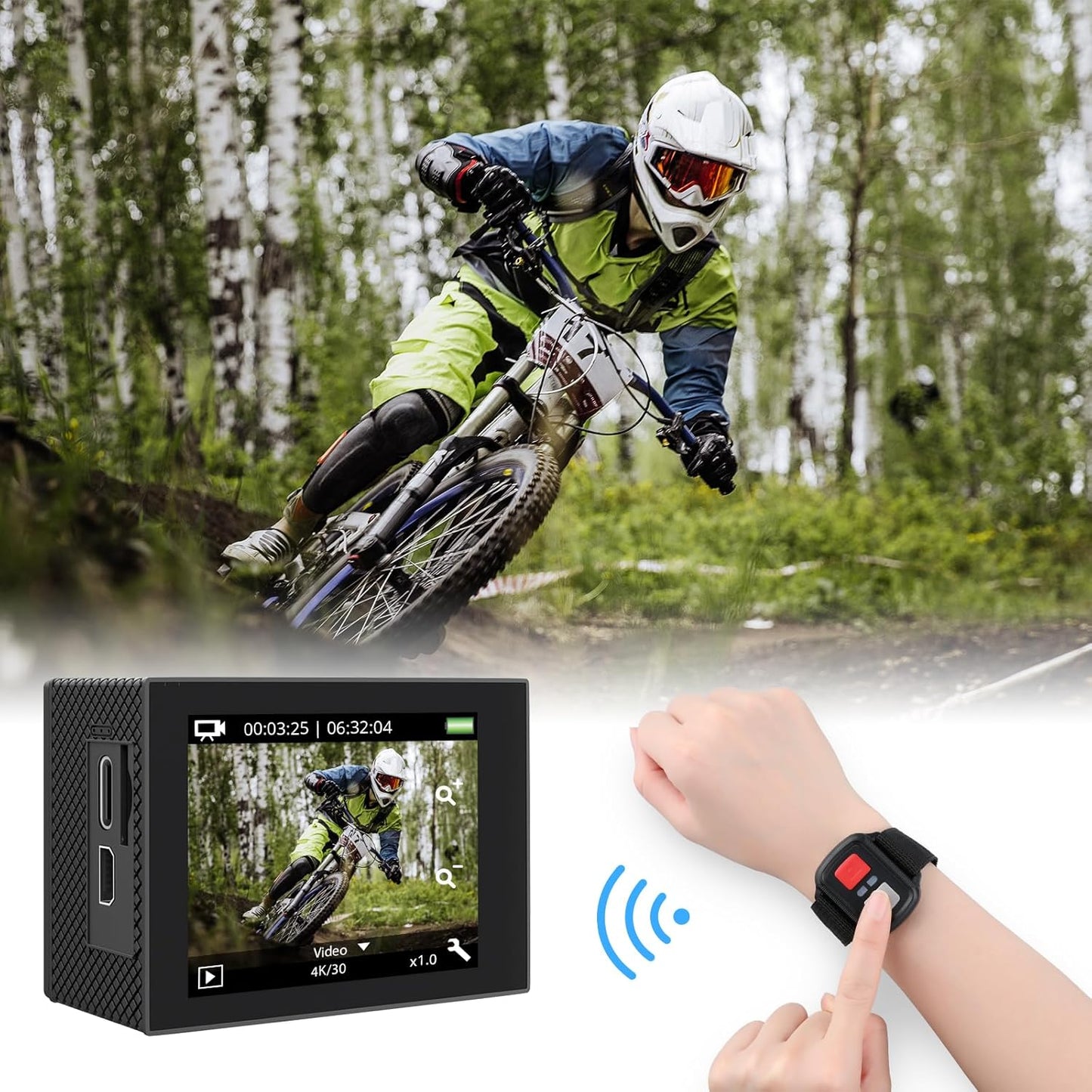 AKASO EK7000 Pro 4K30fps Action Camera with Touch Screen EIS 131ft Waterproof Camera Remote Control 5X Zoom Underwater Camera with Helmet Accessories Kit (with 128GB MicroSD Card)
