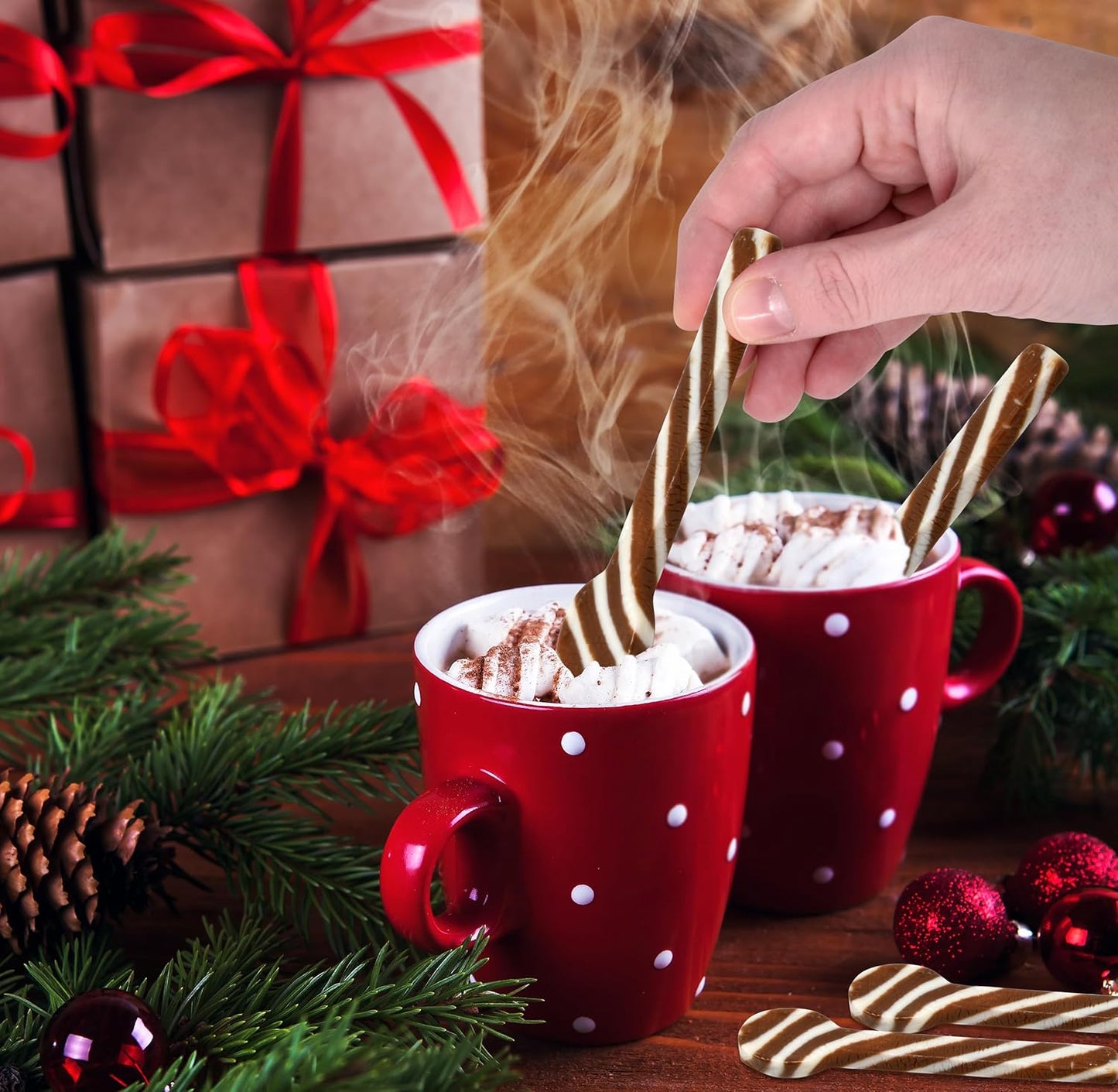Christmas Hot Cocoa Candy Spoons 24 Pack Edible Hot Cocoa Stirrers Candies Spoon Individually Wrapped for Stirring Beverages Hot Chocolate Tea Coffee Cocktail Stocking Fillers Holiday Party Favor Gift