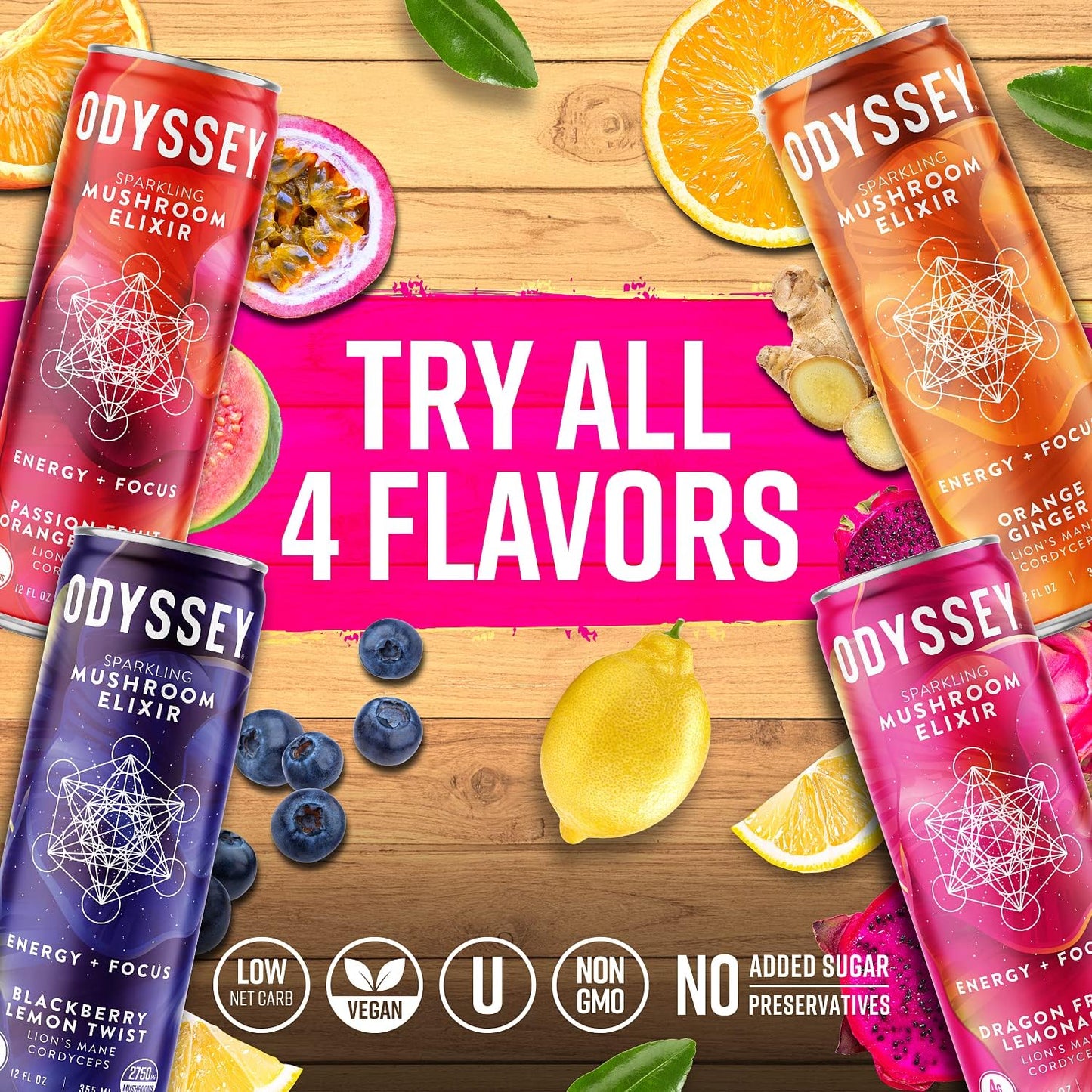 Odyssey Elixir Sparkling Adaptogen Drink, Low Calorie Drinks, L Theanine, Lions Mane, Cordyceps & Green Tea Caffeine for Energy & Focus, Non-GMO, Vegan, Dragon Fruit Lemonade Flavor, 12 Fl oz, 12 Pack