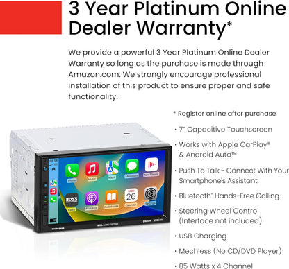 BOSS Audio Systems BVCP9700A Car Stereo - Apple CarPlay, Android Auto, Double Din, 7 Inch Touchscreen, Bluetooth, No CD DVD Player, AM/FM Radio Receiver