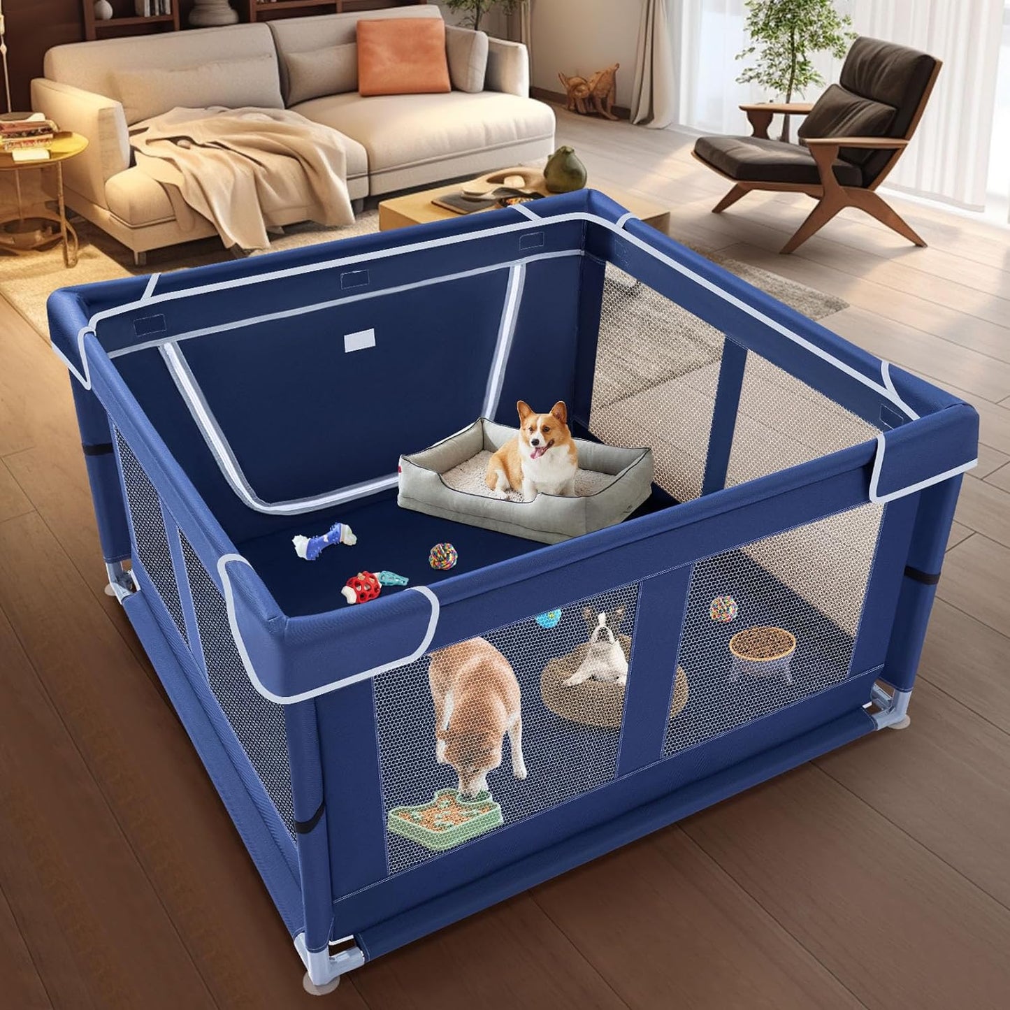 42x42x25.6 Inches Puppy Playpen with Gate, Dog Playpen for Puppies or Small Dogs, Dog Fence Pet Playpen for Indoor & Outdoor, Sturdy Safety Dog Pen with Thickened Fabric, High-Strength Nylon Wire Mesh