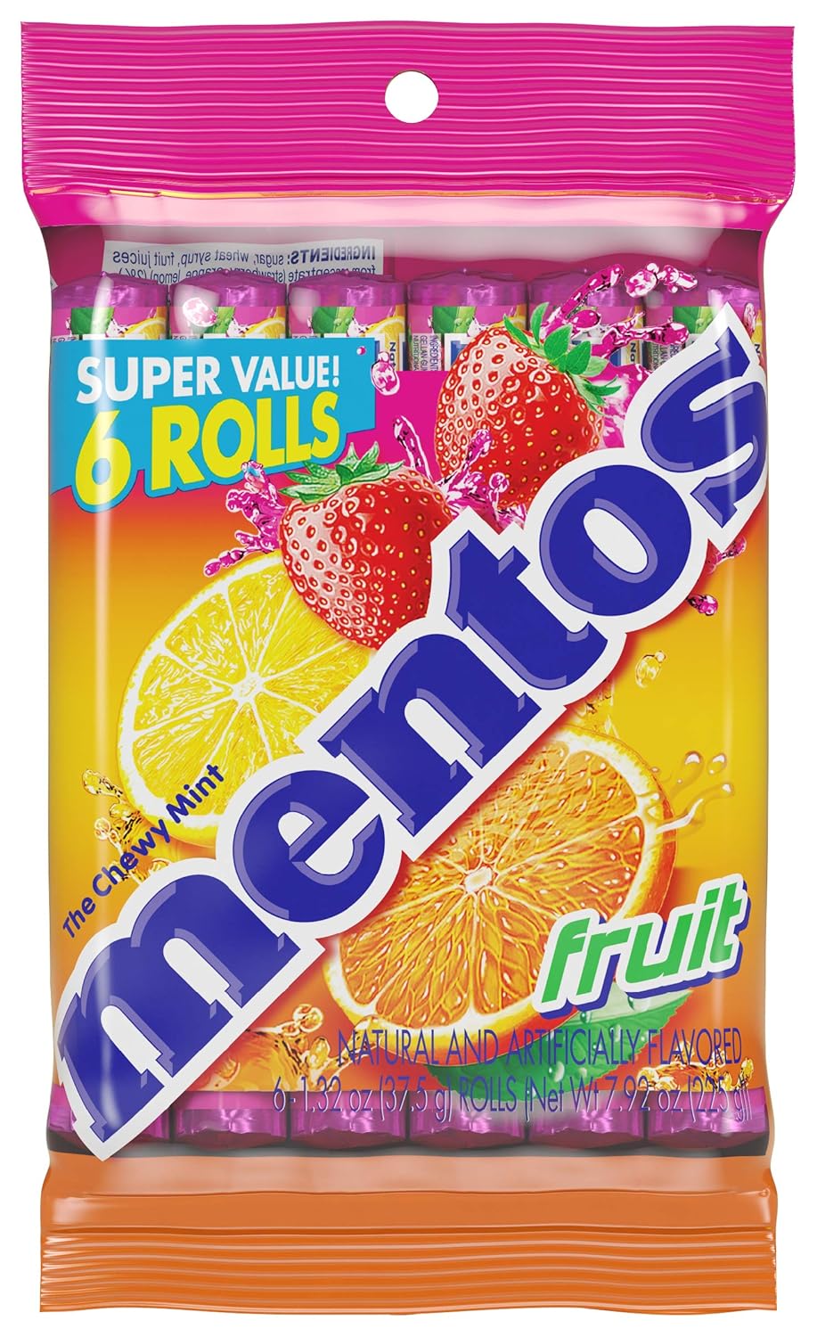 Mentos Chewy Candy Mint Roll, Fruit, Holiday Christmas Stocking Stuffers for Adults & Kids, Non-Melting, 14 Count (Pack of 6)