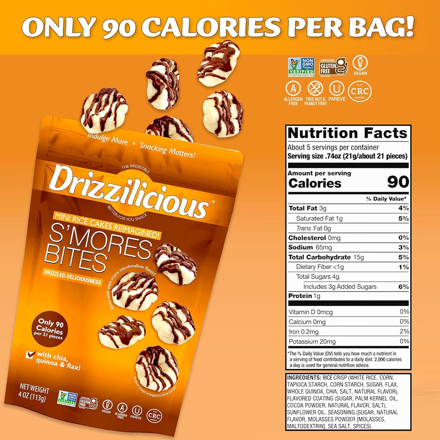 Drizzilicious Mini Rice Cakes Variety Pack - Rice Crisps, Healthy Snack for Adults and Kids, Flavored Rice Cakes, Vegan, Gluten Free, Allergen Free, Only 90 Calories Per Bag - .74 oz (Pack of 32)