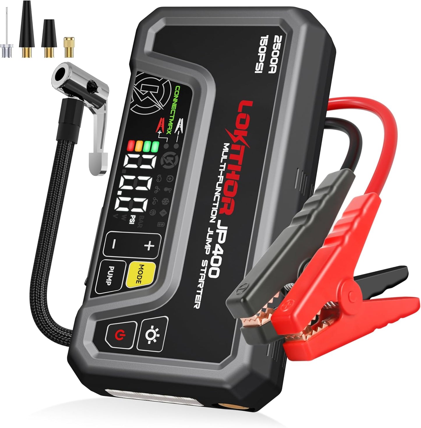 JP400 Jump Starter with Air Compressor, 2500A 12V Portable Car Battery Booster Pack for Up to 8.5L Gas or 6.5L Diesel, 150 PSI Cordless Tire Inflator, Auto Pump with Digital Pressure Gauge