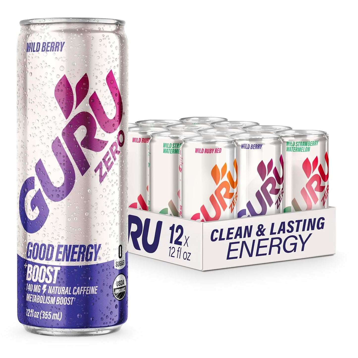 GURU ZERO SUGAR Organic Energy Drinks Variety Pack, Clean Energy Drink with Plant Based Natural Caffeine from Green Tea + Boost, Coconut Water, Prebiotic, Zero Added sugars, Gluten Free and Vegan, Pre Workout, Healthy Drinks, 12oz (Pack of 12)