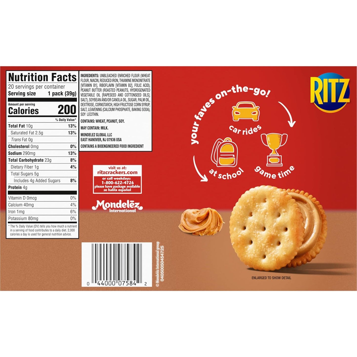 RITZ Peanut Butter Sandwich Crackers, 20 Snack Packs (6 Crackers Per Pack)
