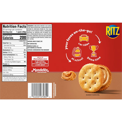 RITZ Peanut Butter Sandwich Crackers, 20 Snack Packs (6 Crackers Per Pack)