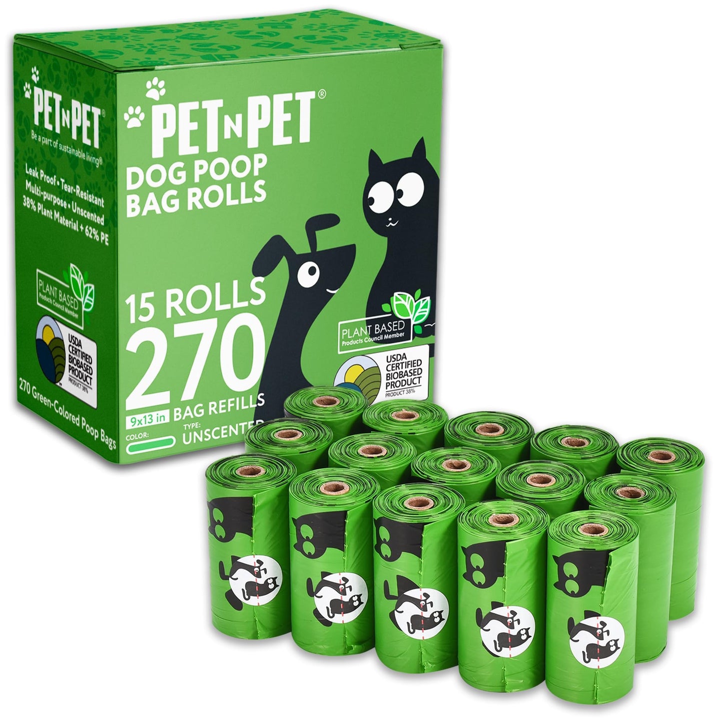 Pet N Pet Poop Bags For Dogs 270 Counts, 38% Plant Based & 62% PE Dog Poop Bags Rolls, Unscented Dog Bags, Green Doggie Poop Bags, Dog Waste Bags, Cat Litter Bags, Cat Poop Bags, Pet Supplies for Dogs