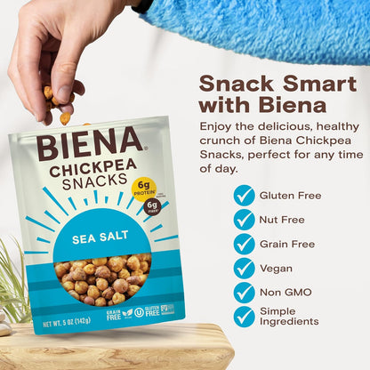 BIENA Chickpea Snacks - Crunchy Roasted Chickpeas - High Fiber Vegan Protein Snacks for Adults and Kids - Individual Pack - Sea Salt