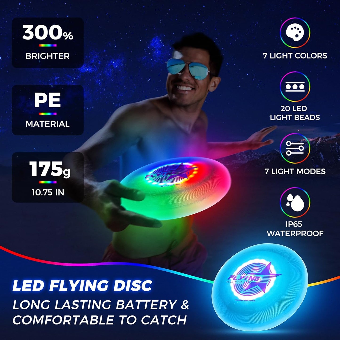 Glow in The Dark LED Flying Disc - 7 Dynamic Modes, 7 Colors, IP65 Waterproof, Perfect Birthday & Camping Gift for Men/Boys/Teens/Kids - Outdoor Games & Cool Toys, 175g