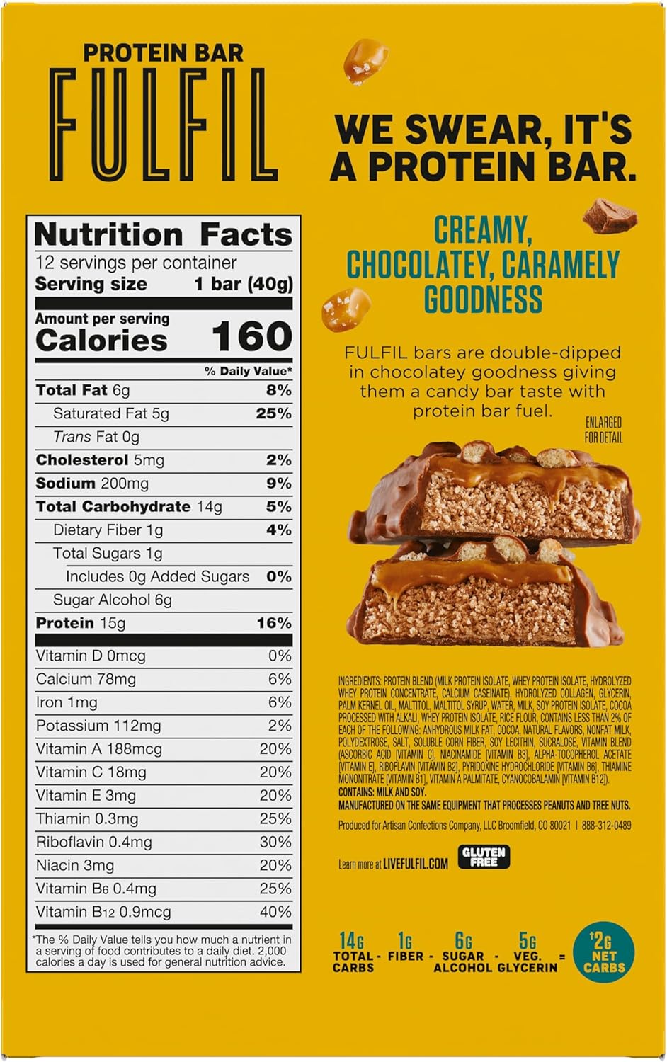 FULFIL Protein Snack Bars, NEW Recipe Chocolate Salted Caramel, 15g Protein, Pantry Staples, 12 Count, Packaging May Vary