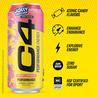 Cellucor C4 Performance Energy Drink | JOLLY RANCHER Watermelon | Zero Sugar Carbonated Preworkout Energy | 200mg Caffeine with Beta Alanine | 16 Fl Oz (12 Pack)