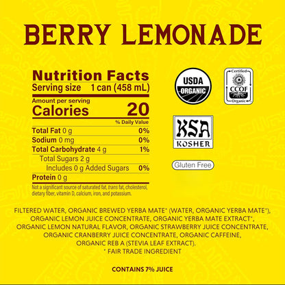 Guayakí Yerba Mate, Energy Drink Alternative, Organic Berry Lemonade Flavor, 15.5 Oz (Pack of 12), Low Sugar, Low Calorie, 150mg Natural Caffeine, Smooth Energy & Focus