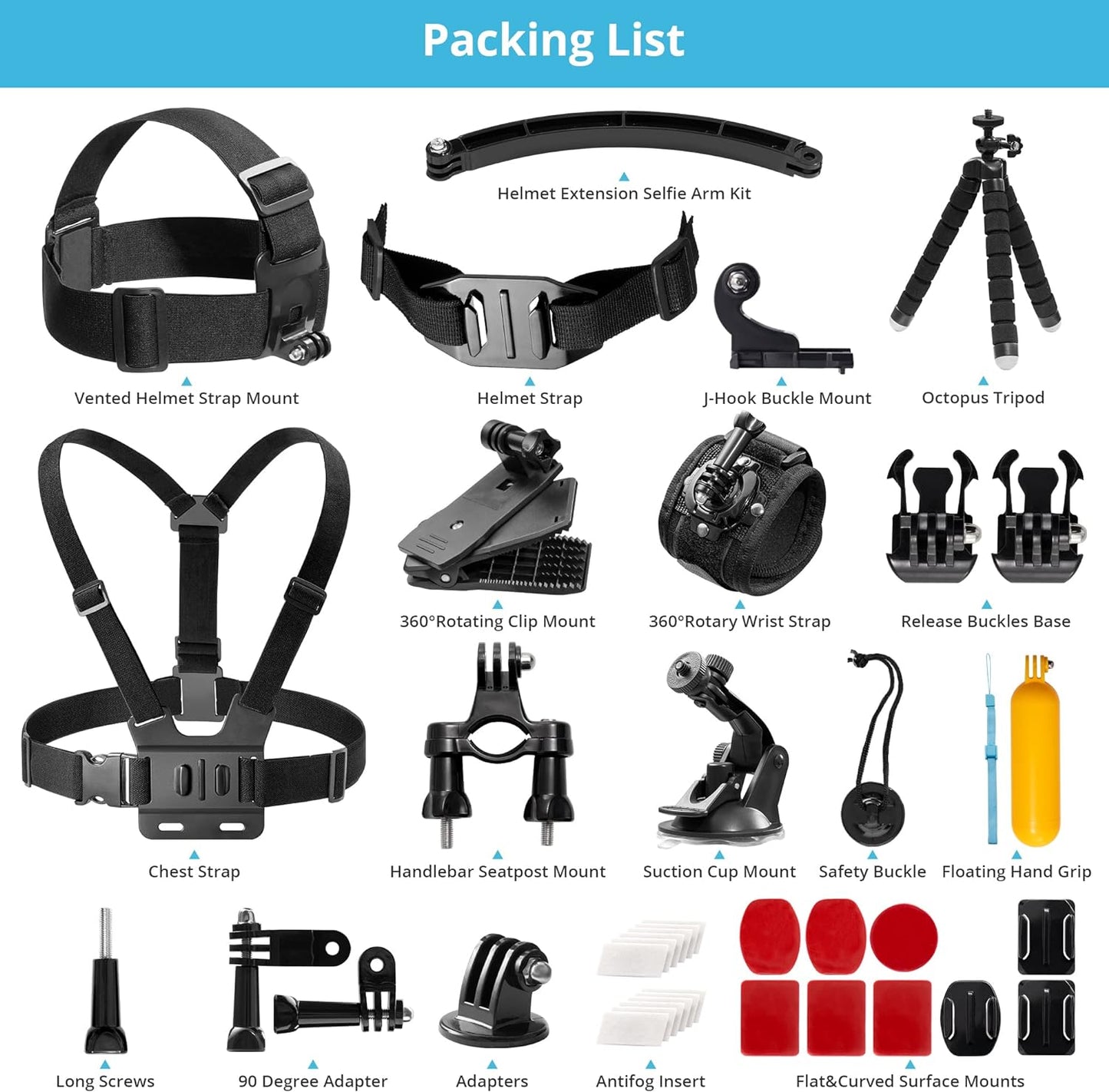 AKASO Outdoor Sports Action Camera Accessories Kit 42 in 1 for EK7000/ EK7000 Pro/Brave 4/Brave 7 LE/Brave 7/Brave 8/V50X/V50 Pro/V50 Elite/GoPro Hero 13/12/11/10
