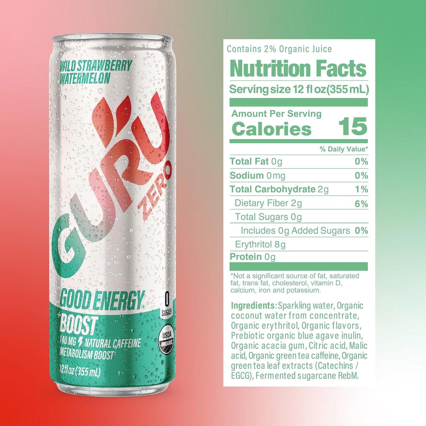 GURU ZERO SUGAR Organic Energy Drinks Variety Pack, Clean Energy Drink with Plant Based Natural Caffeine from Green Tea + Boost, Coconut Water, Prebiotic, Zero Added sugars, Gluten Free and Vegan, Pre Workout, Healthy Drinks, 12oz (Pack of 12)