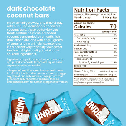 UNREAL Dark Chocolate Coconut Bars (40 Mini Bars) | Vegan, 3g Sugar, & 3 Simple Ingredients | Non-GMO, Gluten Free, & Fair Trade | .53oz each