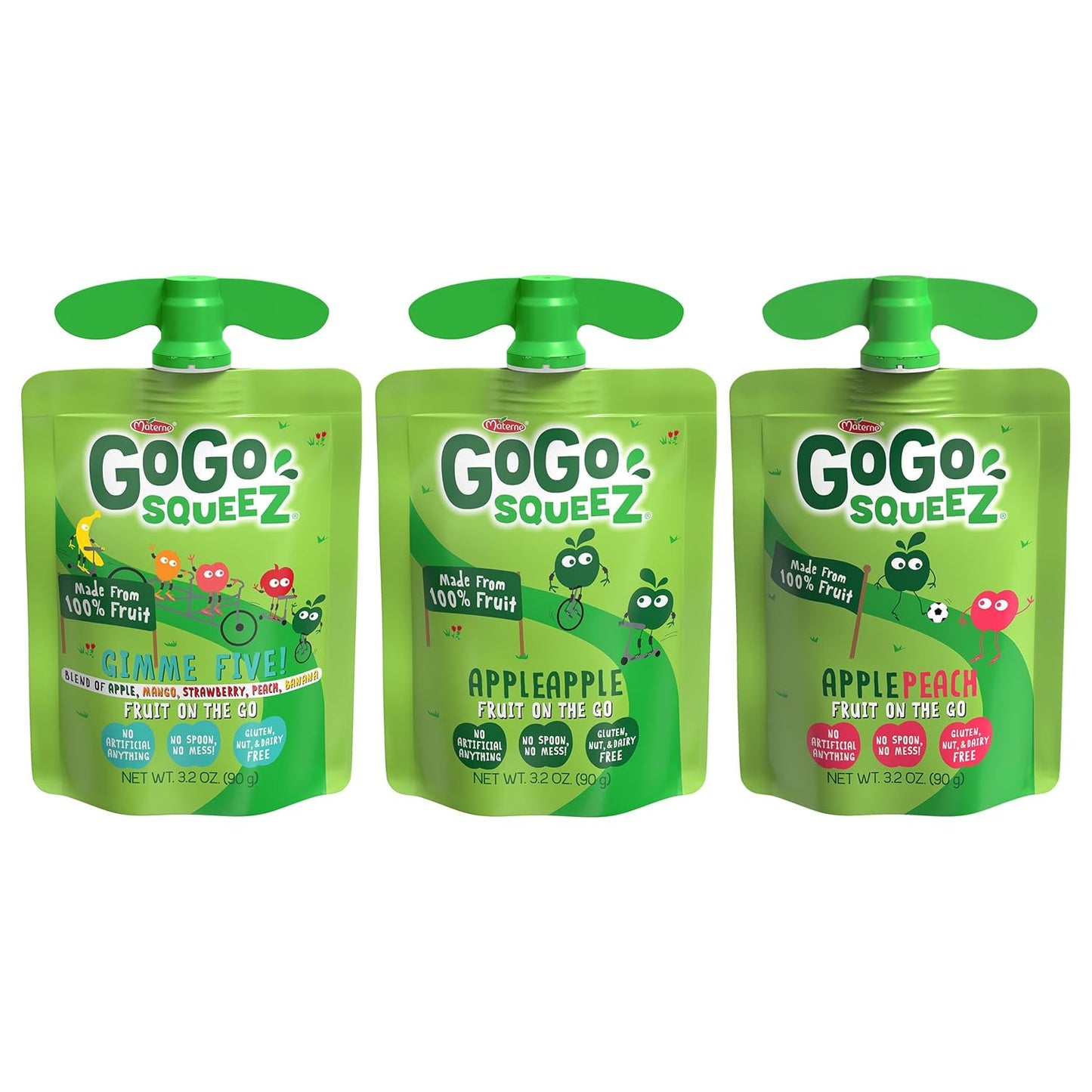 GoGo squeeZ Fruit on the Go Variety Pack, Apple, Peach & Gimme Five!, 3.2 oz (Pack of 20), Unsweetened Fruit Snacks for Kids, Gluten Free, Nut Free and Dairy Free, Recloseable Cap, BPA Free Pouches