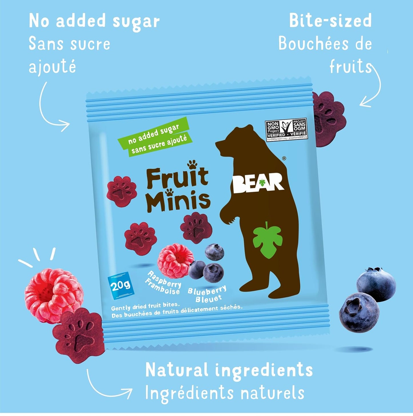 BEAR Real Fruit Snack Minis, Raspberry/Blueberry, No added Sugar, All Natural, Bite Sized Snacks for Kids, Non GMO, Gluten Free, Vegan, 0.7 Oz (Pack of 18)