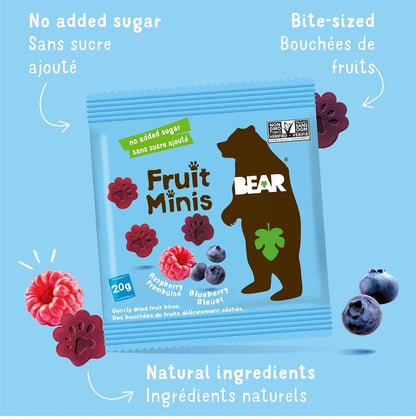 BEAR Real Fruit Snack Minis, Raspberry/Blueberry, No added Sugar, All Natural, Bite Sized Snacks for Kids, Non GMO, Gluten Free, Vegan, 0.7 Oz (Pack of 18)