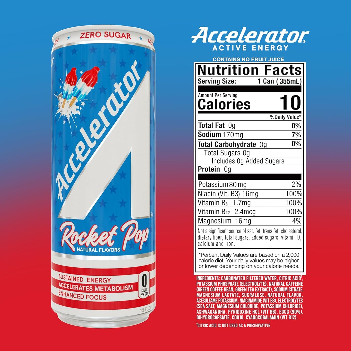 Accelerator Active Energy Drink, Rocket Pop, 12 Fl Oz Can (Pack of 12), Sugar Free, NSF Certified Sport, Sustained Energy, Accelerates Metabolism, Enhanced Focus