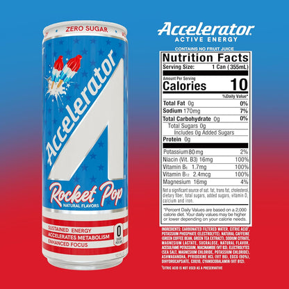 Accelerator Active Energy Drink, Rocket Pop, 12 Fl Oz Can (Pack of 12), Sugar Free, NSF Certified Sport, Sustained Energy, Accelerates Metabolism, Enhanced Focus