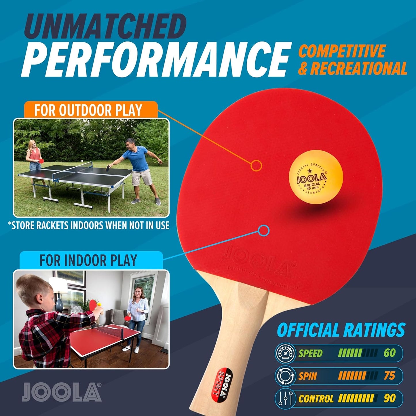 JOOLA Family Premium Table Tennis Bundle Set - 4 Regulation Ping Pong Paddles, 10 Training 40mm Ping Pong Balls and Carrying Case - for Training and Recreational Play - Indoor and Outdoor Compatible