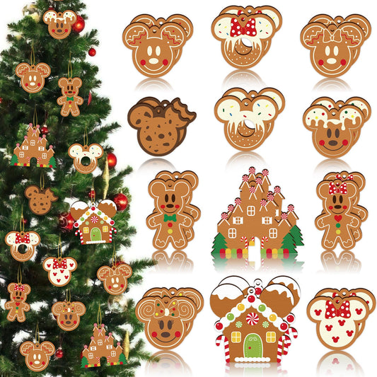 Gingerbread Ornaments for Christmas Tree Decorations, 24pcs Cute Christmas Wooden Gingerbread Man House Mouse Hanging Ornaments for Xmas Home Kitchen Decor Holiday Christmas Tree Party Supplies